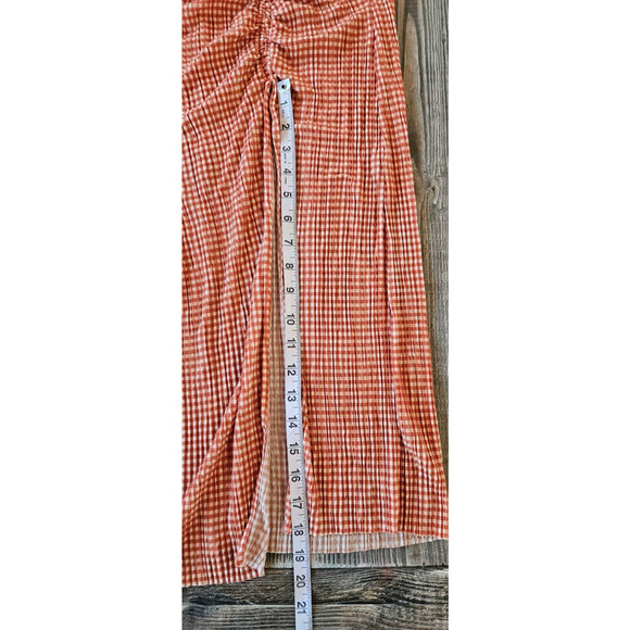 Zara Women Midi Straight Skirt Large Orange Gingham Ruched High Slit Stretch - Picture 10 of 10